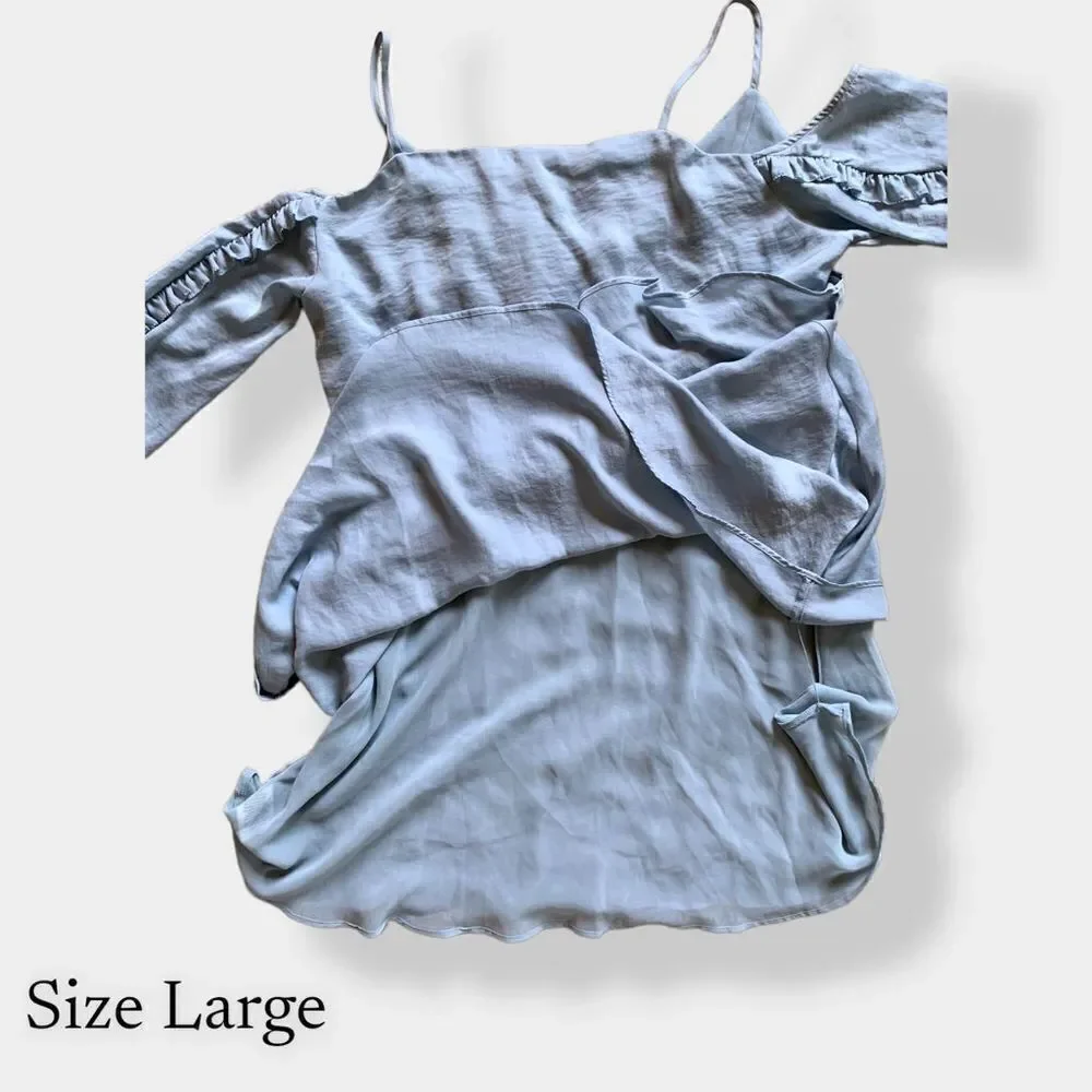 Avec Les Filles Y2K Cold Shoulder Midi Satin Dress Size L Long Sleeve‎ Ruffles